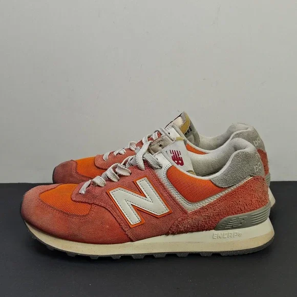 New Balance Mens 574 Sneakers Size 8 Orange Coral Suede Mesh Running Shoes - Picture 3 of 13